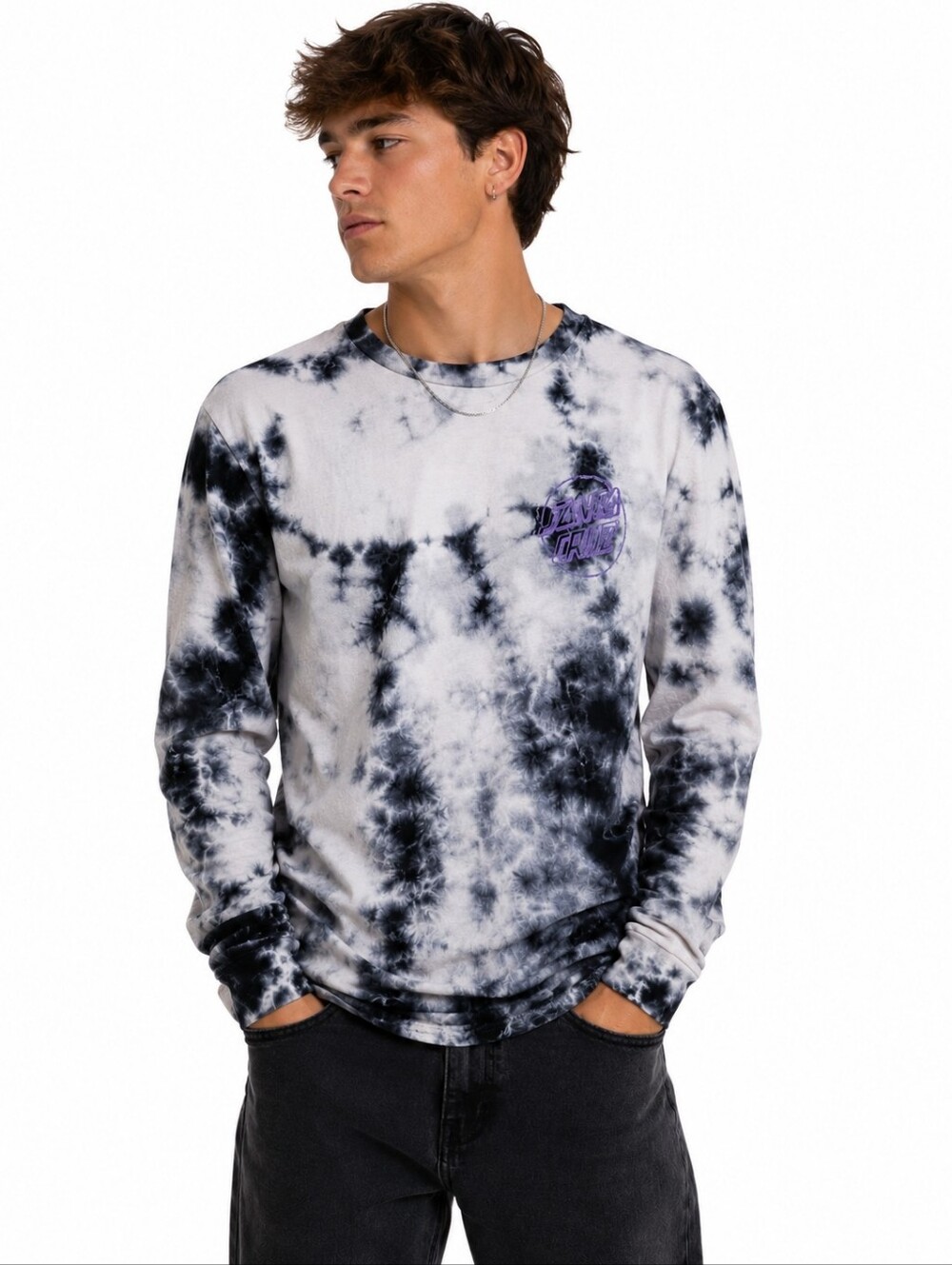 Santa Cruz Black & White Tie-Dye Long Sleeve Graphic Tee | Size Tag Missing